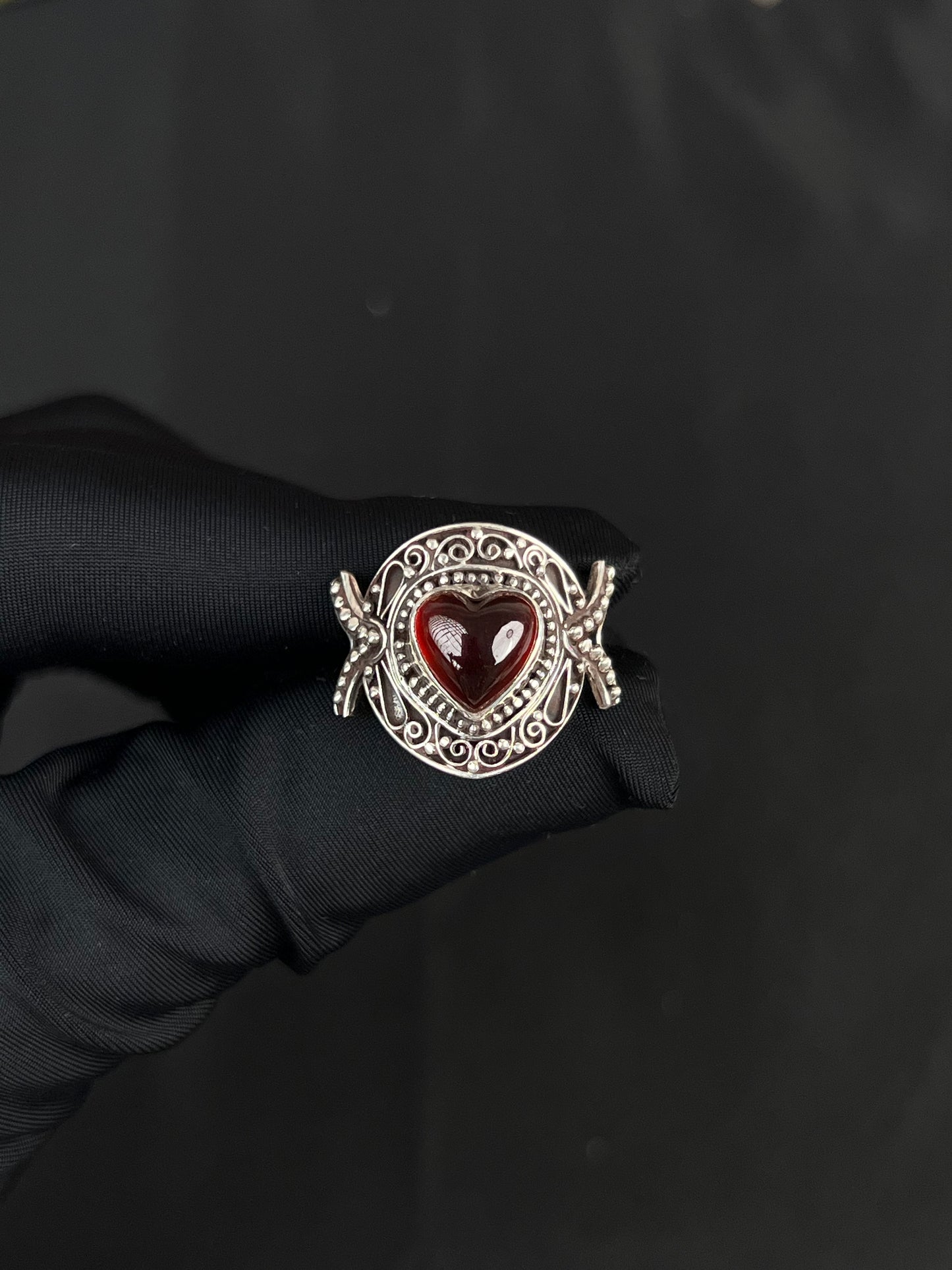 Garnet Heart Ring Sterling Silver Nepal Style