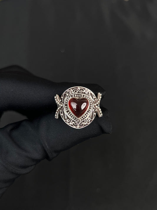 Garnet Heart Ring Sterling Silver Nepal Style