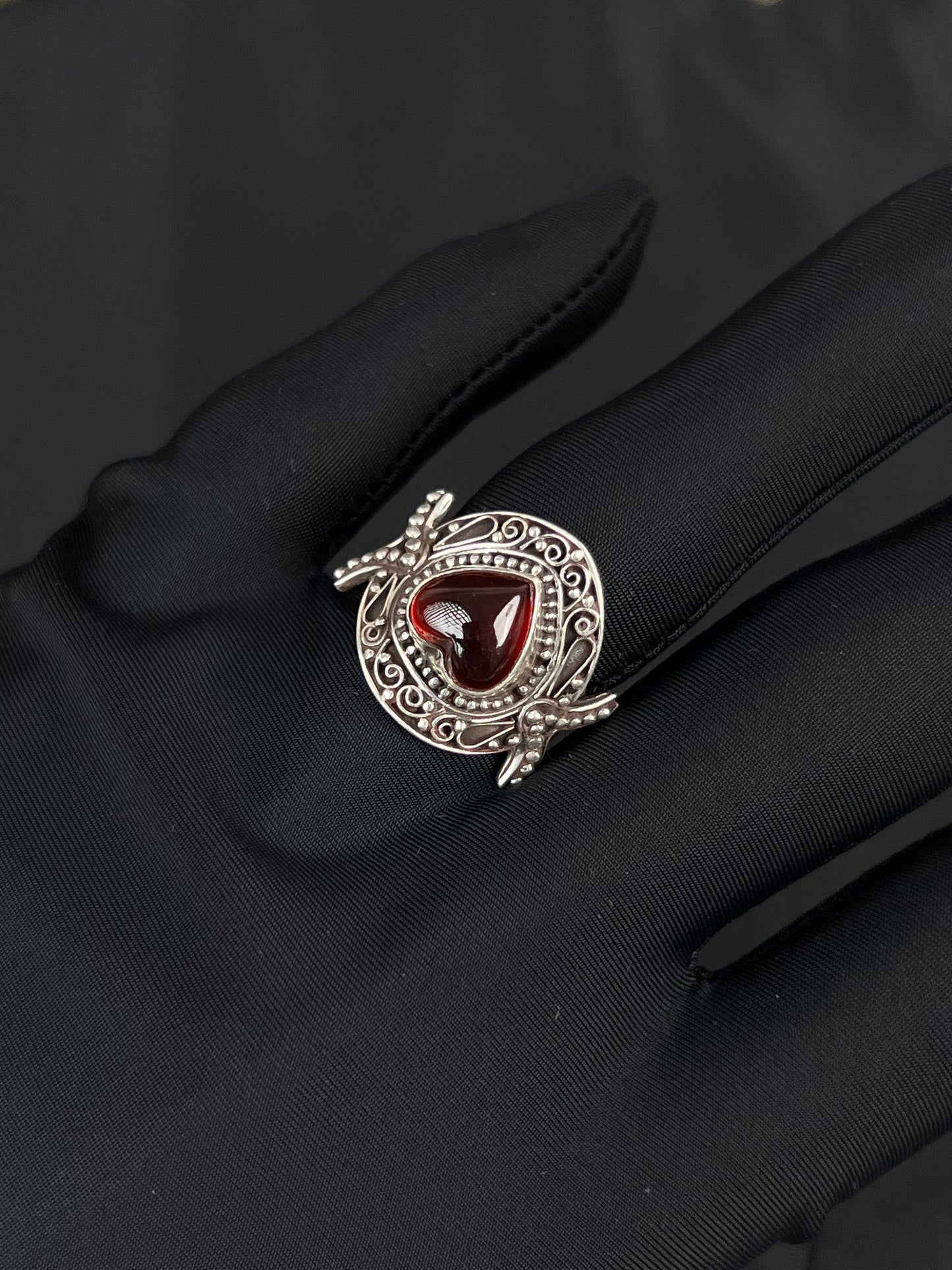 Garnet Heart Ring Sterling Silver Nepal Style