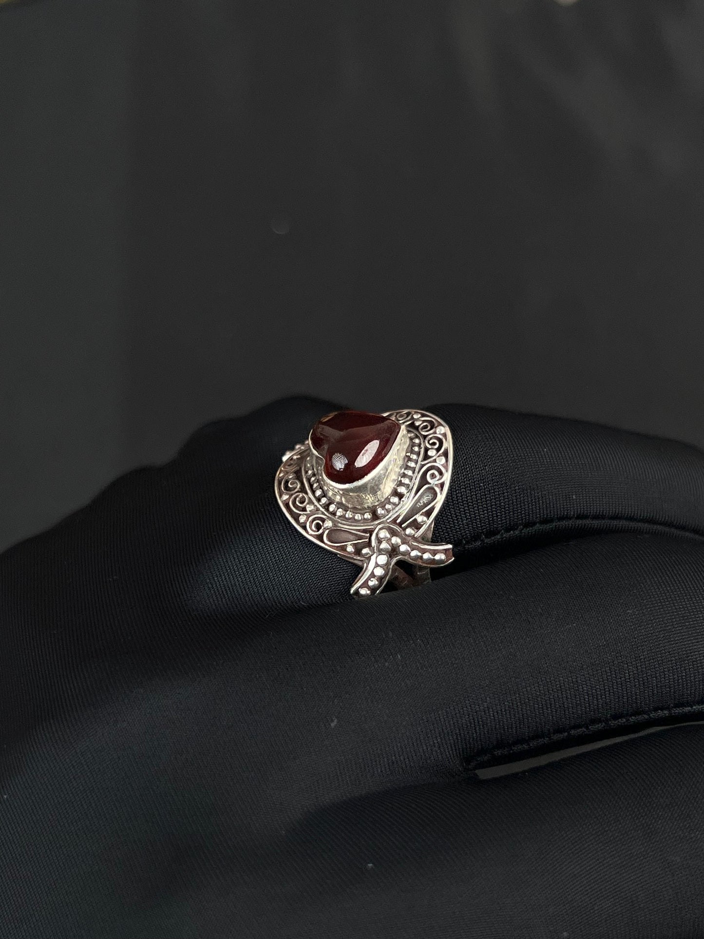 Garnet Heart Ring Sterling Silver Nepal Style